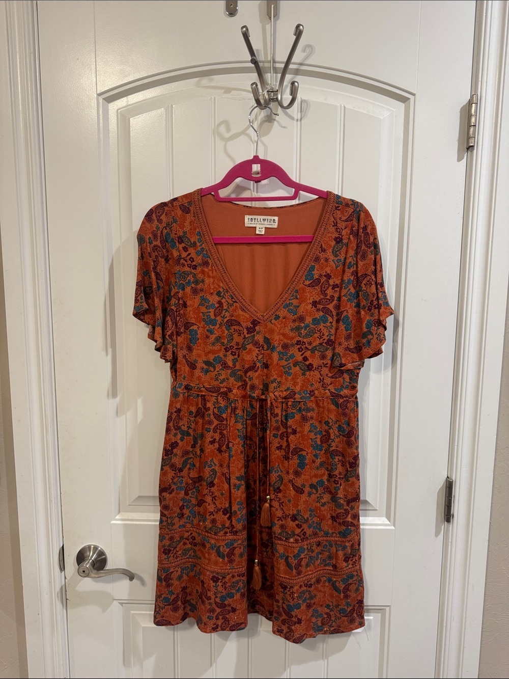 Orange Floral V‑Neck Tassel Drawstring Dress